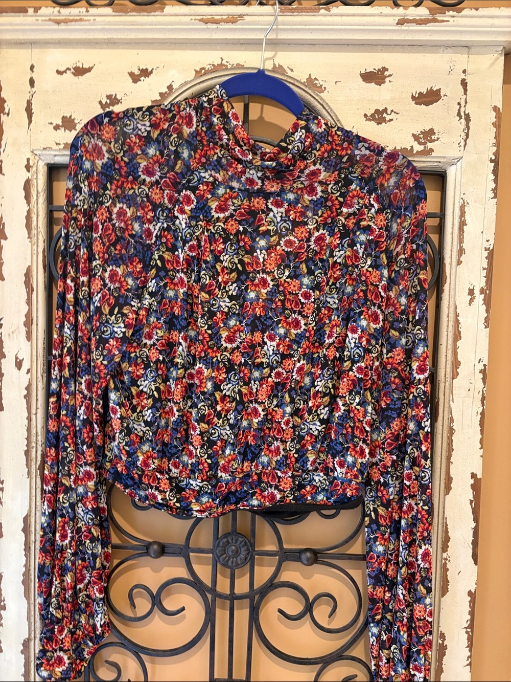Free People Navy Multi Floral Mock Neck Long Sleeve Crop Top